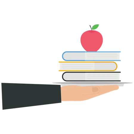 La mano sostiene una pila de libros y una manzana en una bandeja de comida  Ilustración