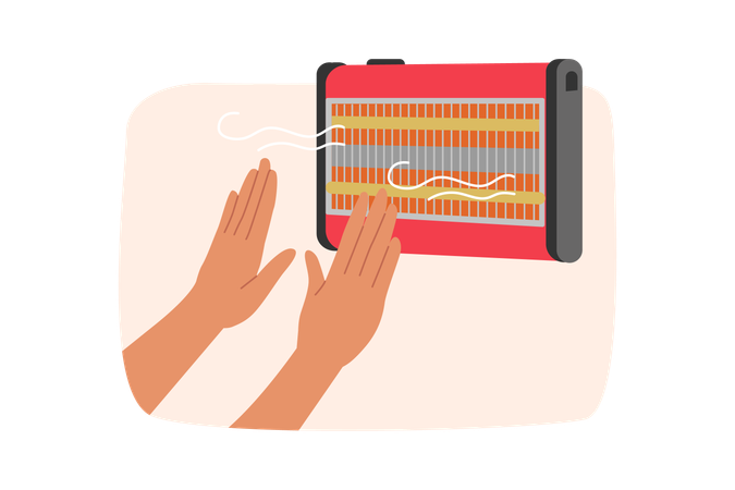 Manos cerca de calentador eléctrico  Ilustración
