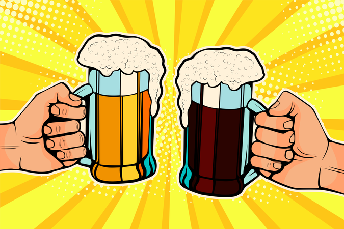Manos con jarras de cerveza.  Ilustración