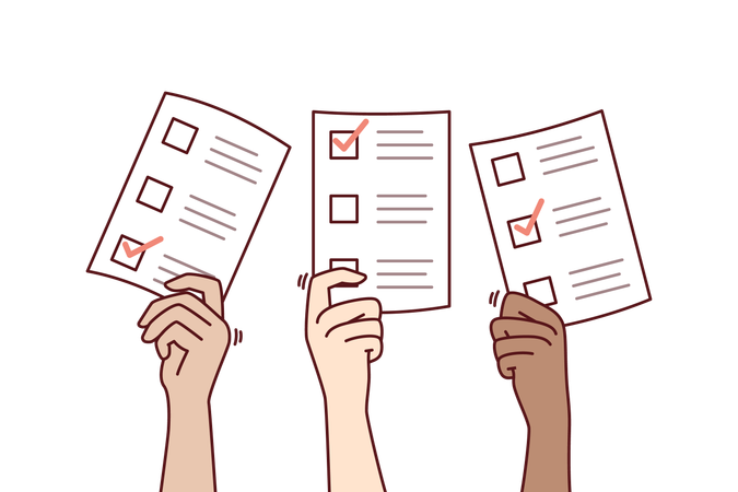 Manos con papeletas de voto durante las elecciones democráticas entre partidos políticos  Ilustración