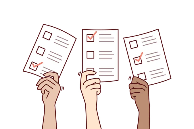 Manos con papeletas de voto durante las elecciones democráticas entre partidos políticos  Ilustración