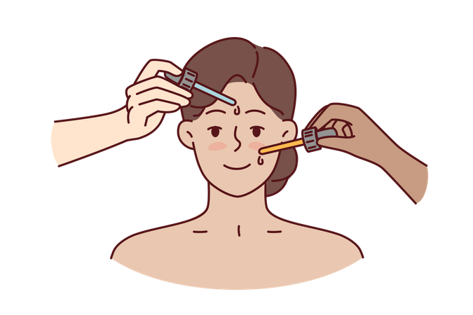 Manos con pipetas cerca de la cara de la mujer durante procedimientos cosméticos y levantamiento para eliminar las arrugas  Ilustración