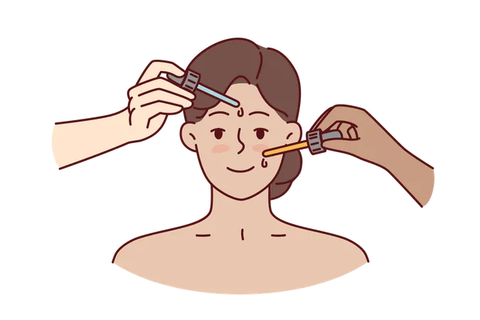 Manos con pipetas cerca de la cara de la mujer durante procedimientos cosméticos y levantamiento para eliminar las arrugas  Ilustración