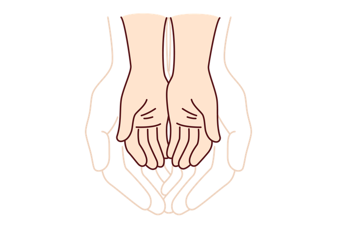 Las manos de un adulto y un niño simbolizan la unidad de diferentes generaciones.  Ilustración