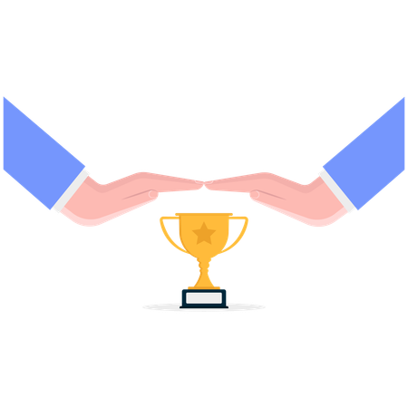 Las manos de negocios protegen el trofeo empresarial.  Ilustración