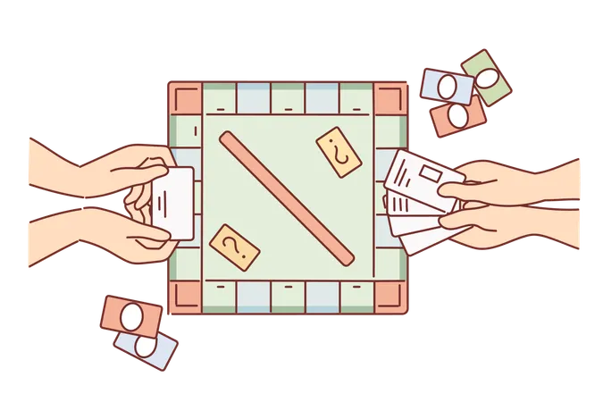 Manos de gente jugando al monopolio.  Ilustración