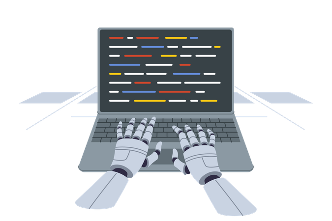 Manos de un programador de robots escribiendo código en una computadora portátil gracias al desarrollo de la inteligencia artificial  Ilustración