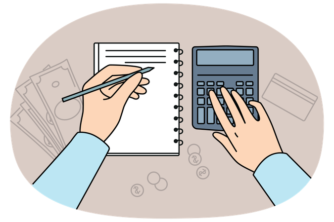Manos de un contador usando calculadora para auditar y realizar entradas en el diario financiero  Ilustración