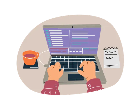 Manos escribiendo en una computadora portátil con código en la pantalla  Ilustración