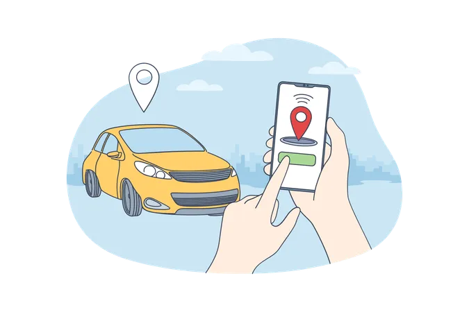 Manos humanas sosteniendo un teléfono inteligente con aplicación de estacionamiento inalámbrico autónomo y uso compartido de automóviles conectados a distancia  Ilustración