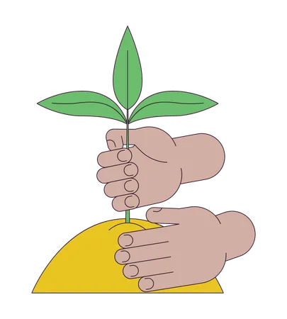 Manos plantando plantas en el suelo  Ilustración