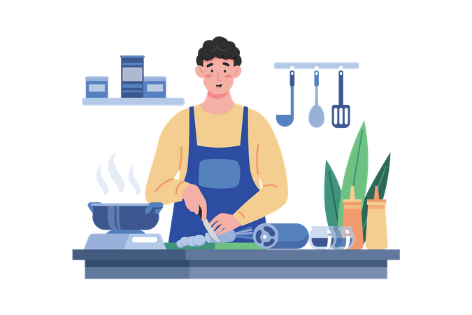 Man's Cooking of Wife's Favorite Meal  Illustration