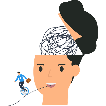 Man's open head with tangled thoughts and a businessman on a unicycle  Illustration