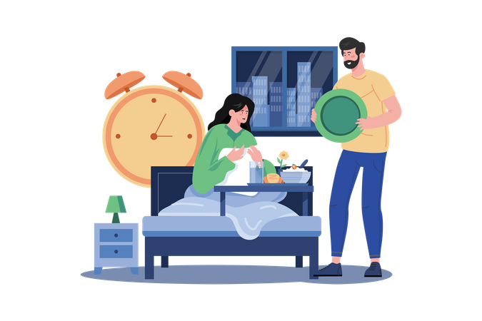Man's Special Breakfast in Bed for Woman  Illustration