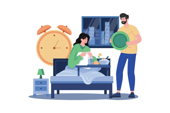 Mans Special Breakfast In Bed For Woman Illustration