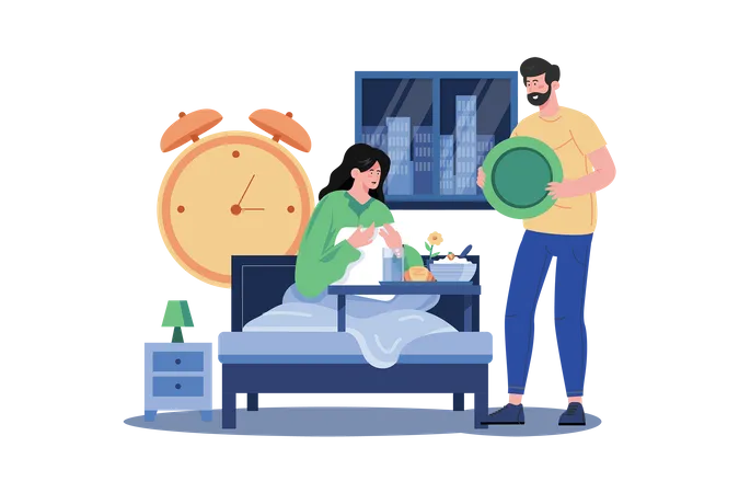 Man's Special Breakfast in Bed for Woman  Illustration