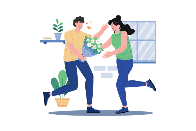 Man's Surprise Bouquet for Wife  Illustration