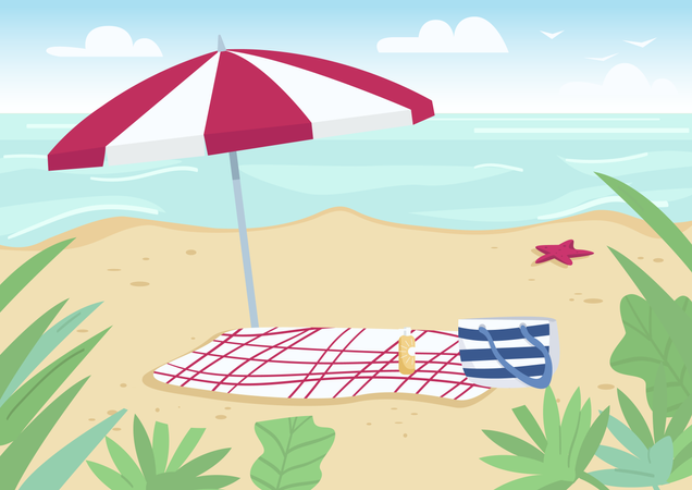 Cobertor e guarda-sol na praia de areia  Ilustração