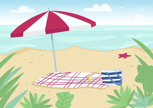Cobertor e guarda-sol na praia de areia  Ilustração