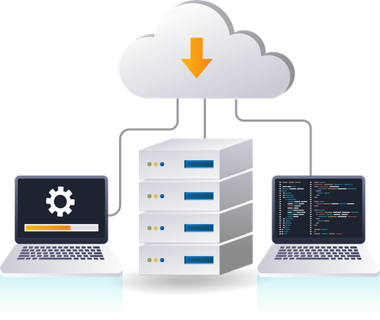 Mantenimiento del sistema de servidor en la nube de tecnología.  Ilustración