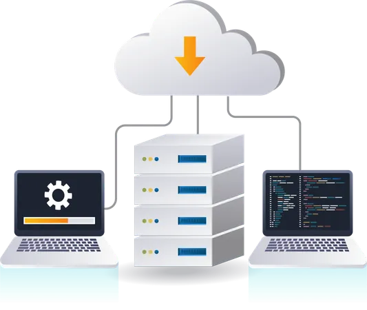 Mantenimiento del sistema de servidor en la nube de tecnología.  Ilustración