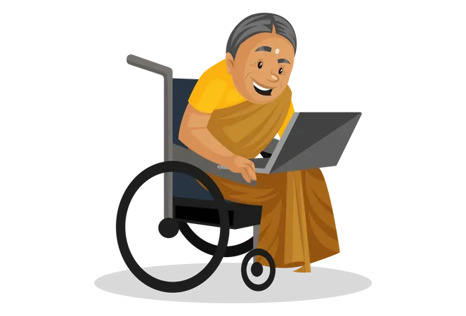 Manthra benutzt Laptop, während sie im Rollstuhl sitzt  Illustration