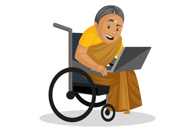 Manthra using laptop while sitting on wheelchair Illustration