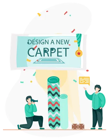Manufacture Of Carpets Concept Men Are Working On Design Of New Carpet Interior Shop People Stand Holding Textile Product Design Template Near Rolled Carpets Photographing Rugs For Advertising Illustration