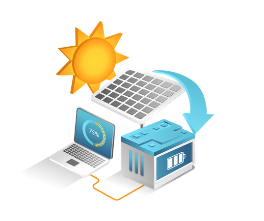 Manutenção de painel solar com computador  Ilustração