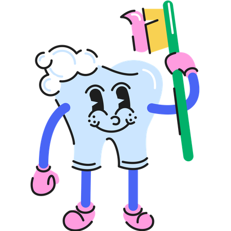 Personagem de dentes se limpando usando escova de dentes  Ilustração