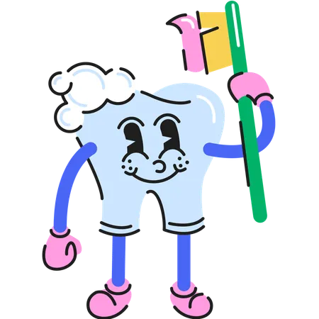 Personagem de dentes se limpando usando escova de dentes  Ilustração