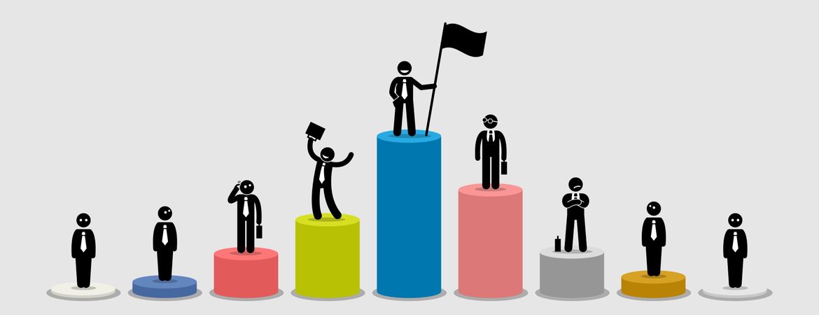 Many different businessman standing on bar charts comparing their financial status  Illustration