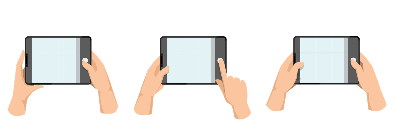 Many hands holding tablet, taking tablet photo  Illustration