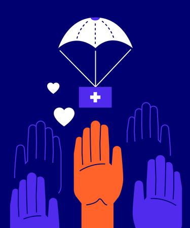 Many hands reaching out for humanitarian aid sent from the air  イラスト