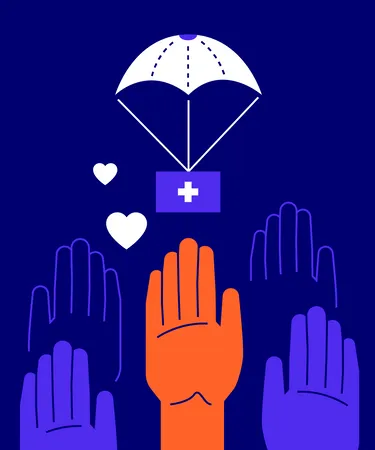 Needing Help Modern Colorful Flat Design Style Illustration On Blue Background Many Hands Reaching Out For Humanitarian Aid Sent From The Air Emergency Survival Help Care And Love Idea Illustration