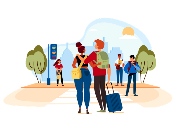 Many nationalities walking across with their bags Illustration