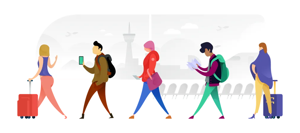 Many Nationalities Walking Across With Their Bags Illustration