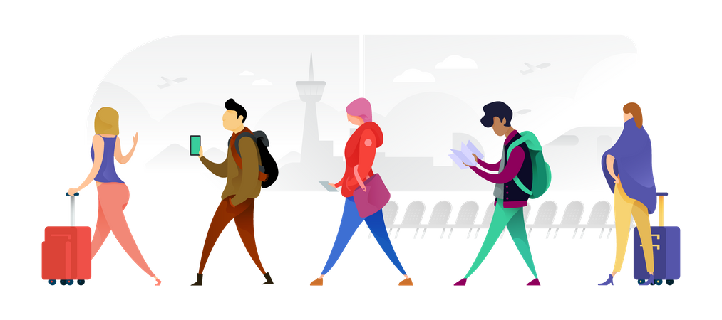 Many Nationalities Walking Across With Their Bags  Illustration