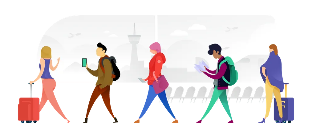 Many Nationalities Walking Across With Their Bags  Illustration