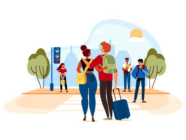 Many nationalities walking across with their bags  Illustration