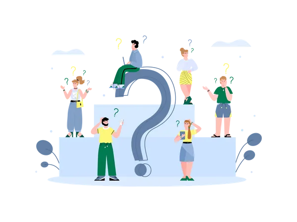 Many peoples thinking and one man sitting on question mark  イラスト