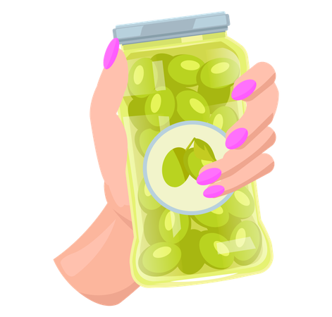 Mão com azeitonas verdes em frasco de vidro  Ilustração