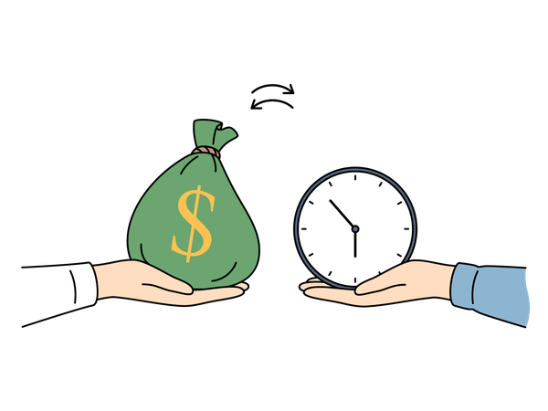Mão com dinheiro e relógio como metáfora para troca de recursos financeiros por tempo e delegação  Ilustração