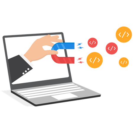 Mão de empresário com ímã de laptop de tela para magnetizar programa de codificação  Ilustração