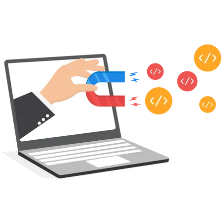 Mão de empresário com ímã de laptop de tela para magnetizar programa de codificação  Ilustração