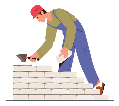 Trabalho masculino colocando tijolos no local e fazendo parede  Ilustração
