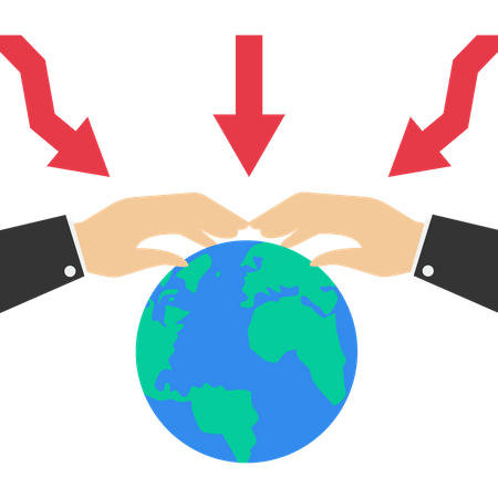 Grande mão protegendo o planeta Terra dos efeitos da recessão mundial  Ilustração