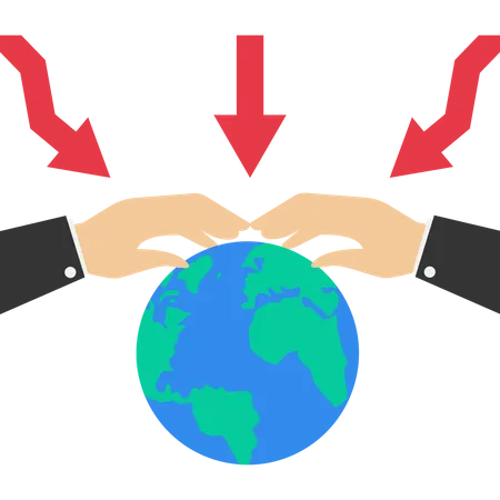 Grande mão protegendo o planeta Terra dos efeitos da recessão mundial  Ilustração