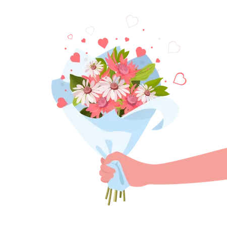 Mão ou pessoa dando buquê de flores  Ilustração