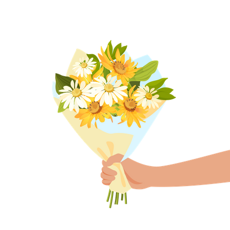 Mão ou pessoa dando lindo buquê de flores  Ilustração